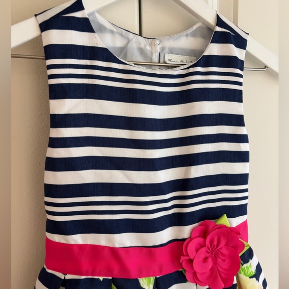 Jona Michelle Navy Striped Floral Sleeveless Lined Party Dress, Girls Size 7 - Picture 2 of 12